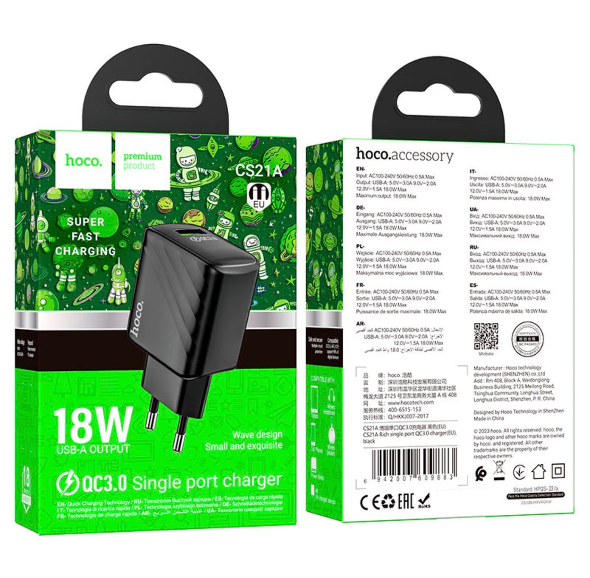 HOCO CS21A Caricatore da Parete USB-A 18W QC3.0 – Presa EU – Nero