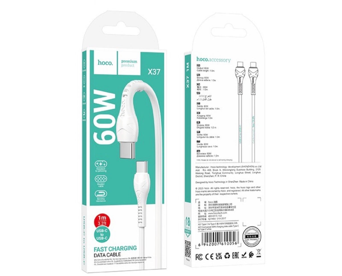 HOCO X37 Cavo USB-C a USB-C 60W per Ricarica Rapida e Trasferimento Dati – 1 m – Bianco