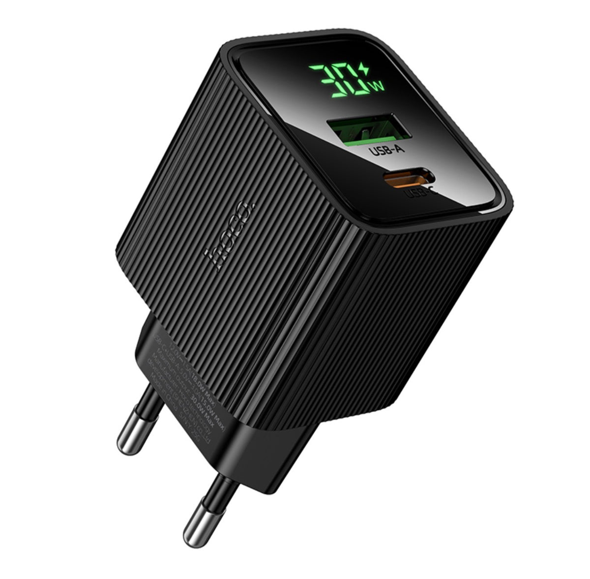 HOCO CS84A Caricatore da Parete USB-C + USB-A 30W PD & QC3.0 con Display Digitale – Presa EU – Nero